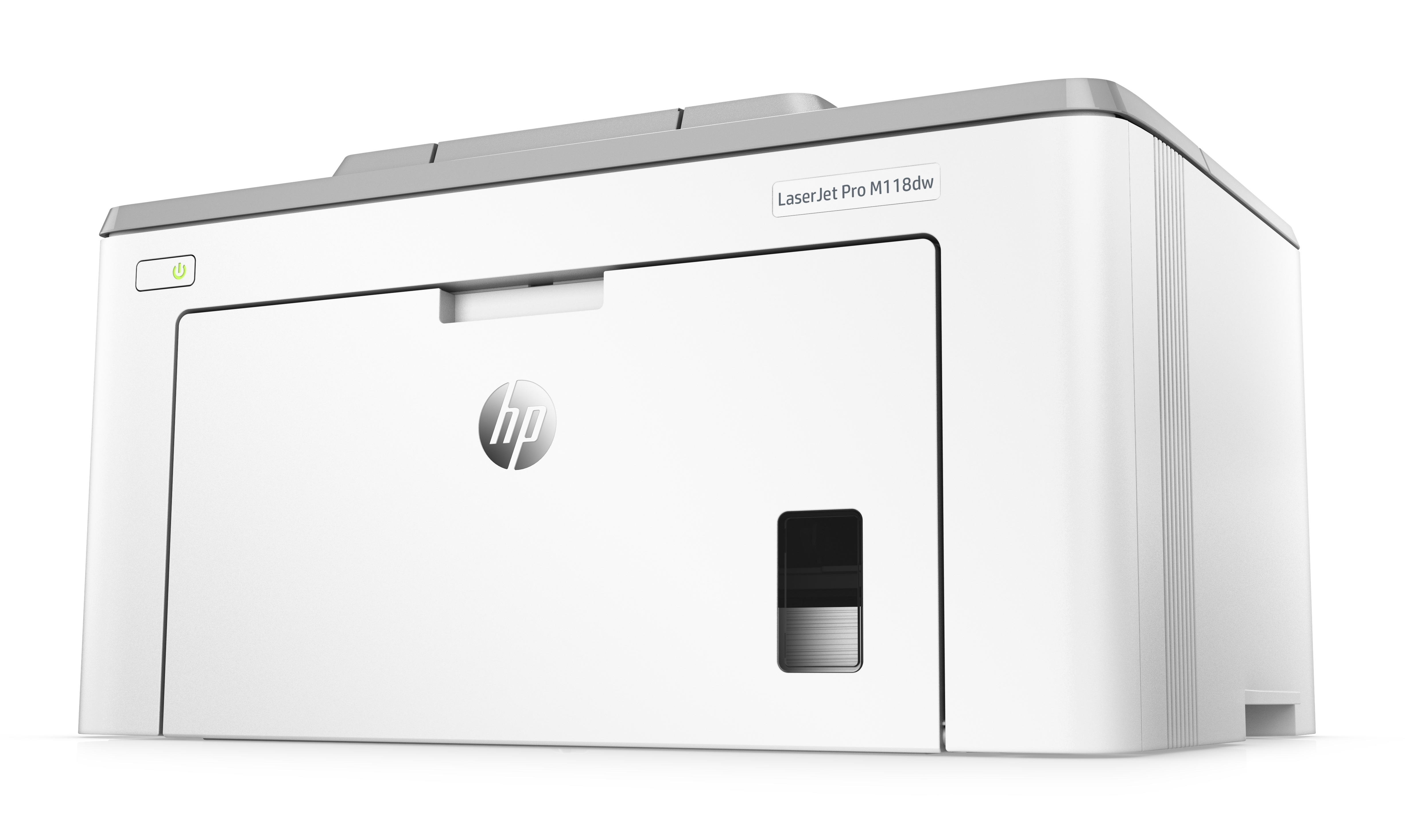 Weißer Drucker mit grauem Oberteil. Das HP-Logo befindet sich auf der Vorderseite.