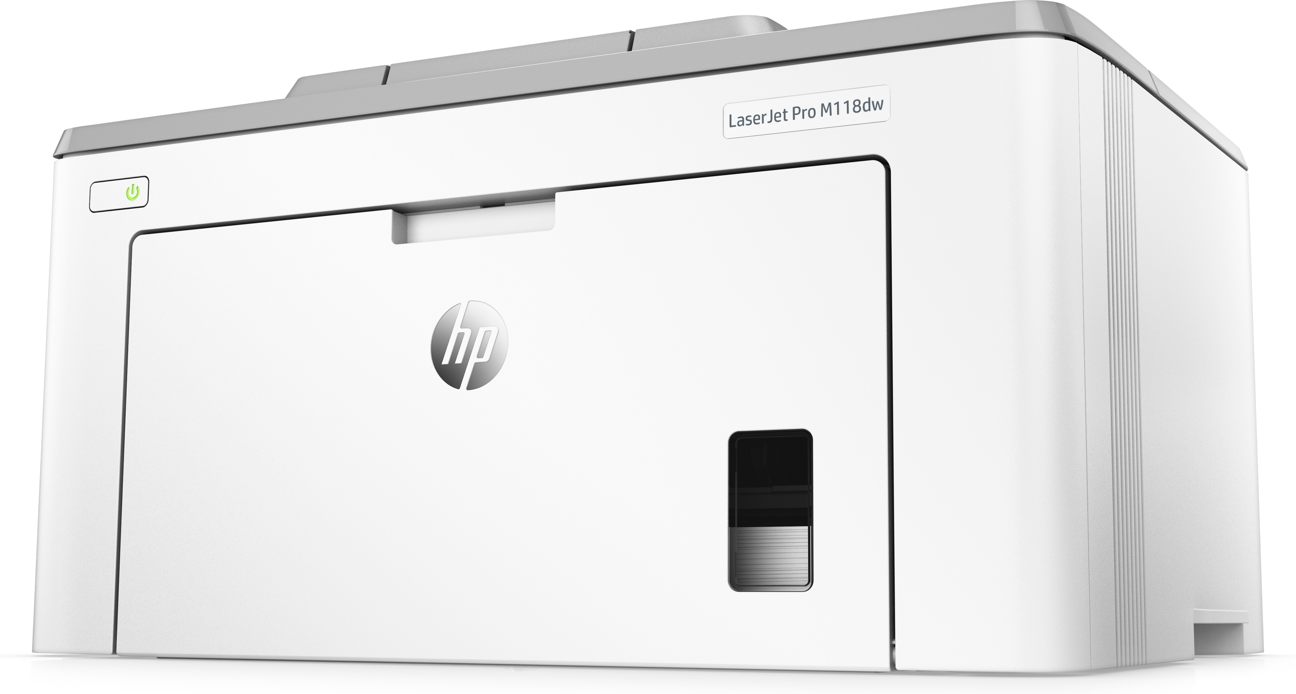 Weißer HP-Drucker mit HP-Logo. Auf der linken Seite befindet sich eine grüne Ein-/Aus-Taste.