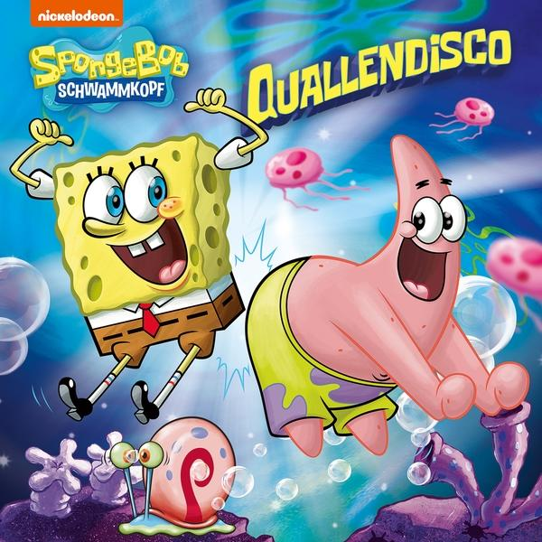 SpongeBob und Patrick Cartoon-Cover. Sie springen vor Quallen. Der Text lautet "Quallendisco".