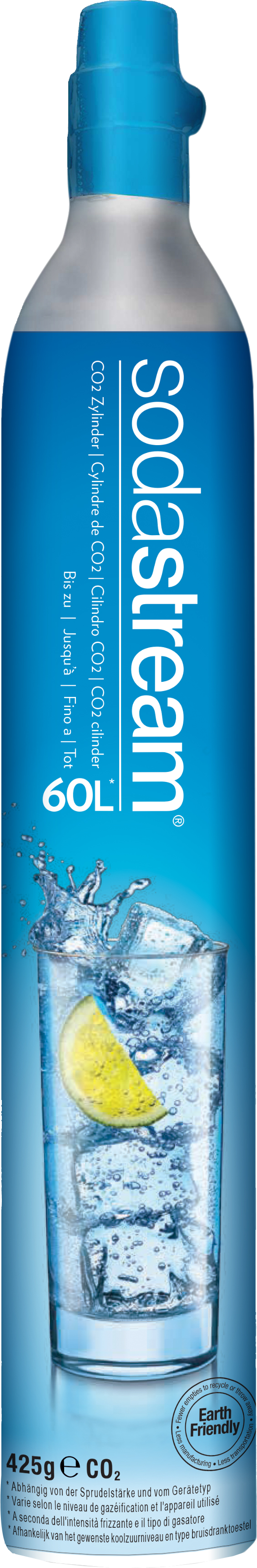 Cylindre de CO2 SodaStream bleu avec un verre d'eau et du citron.