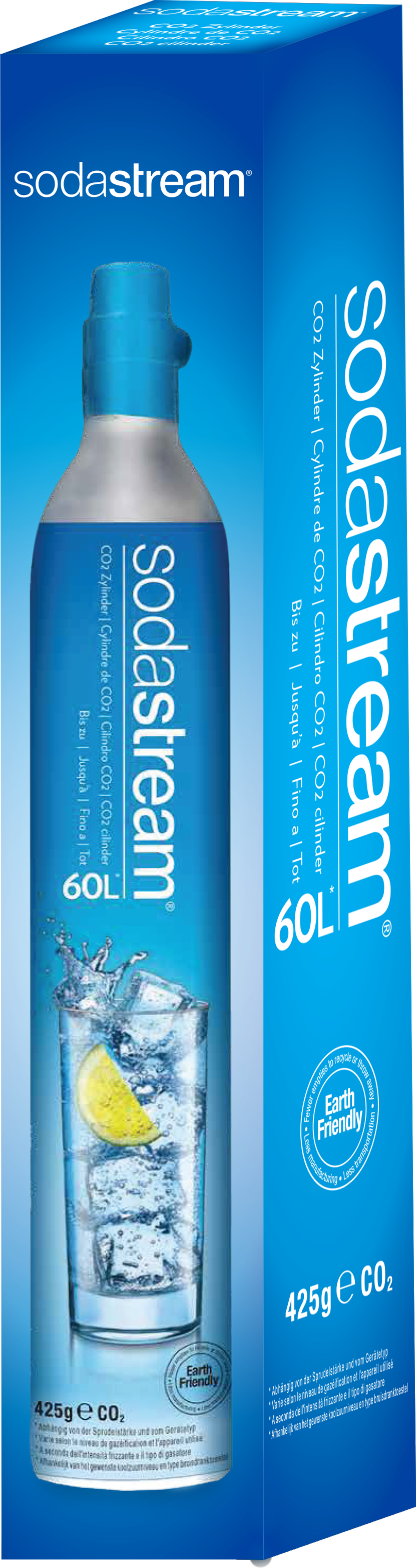 Une bouteille SodaStream bleue et haute avec un verre d'eau et un citron est montrée sur l'emballage.