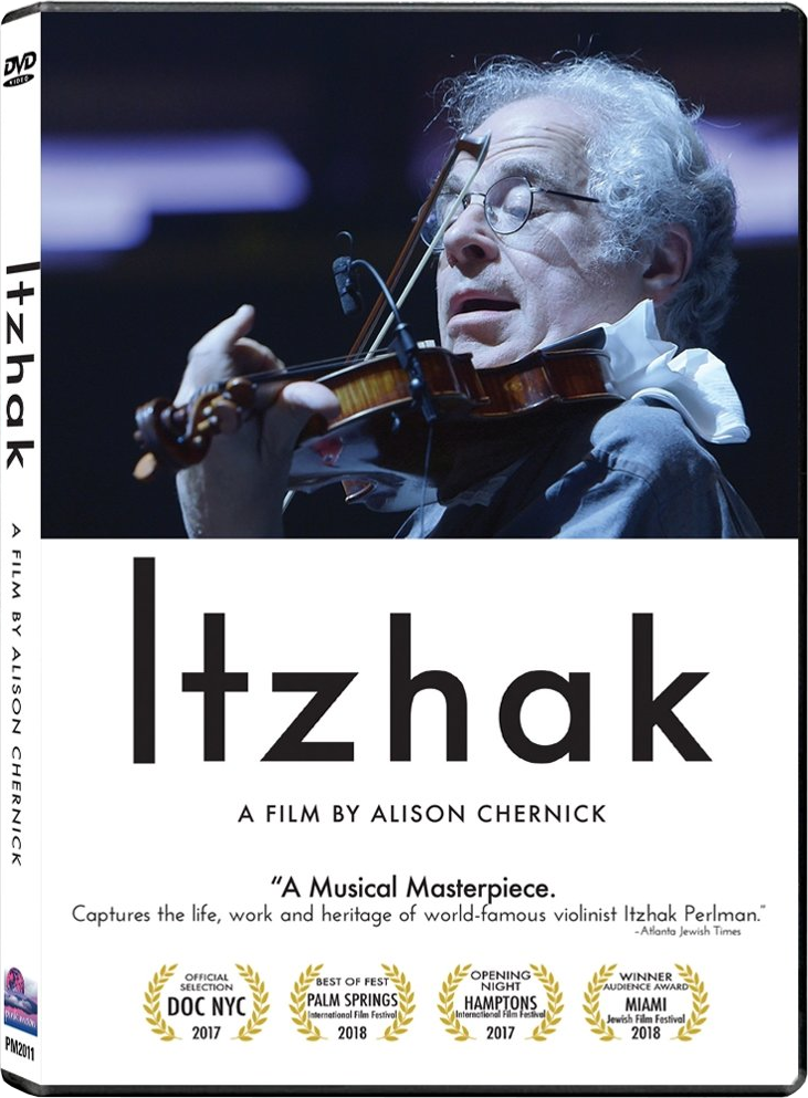 DVD-hoes van de film Itzhak. Het toont de violist Itzhak Perlman, met titel en prijzen.
