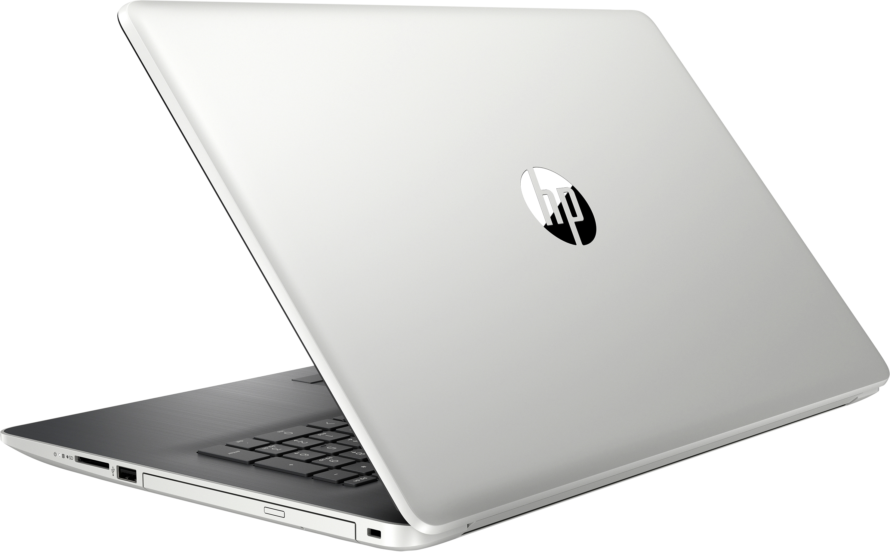 Silberner Laptop auf weißem Hintergrund, Tastatur und HP-Logo sichtbar.
