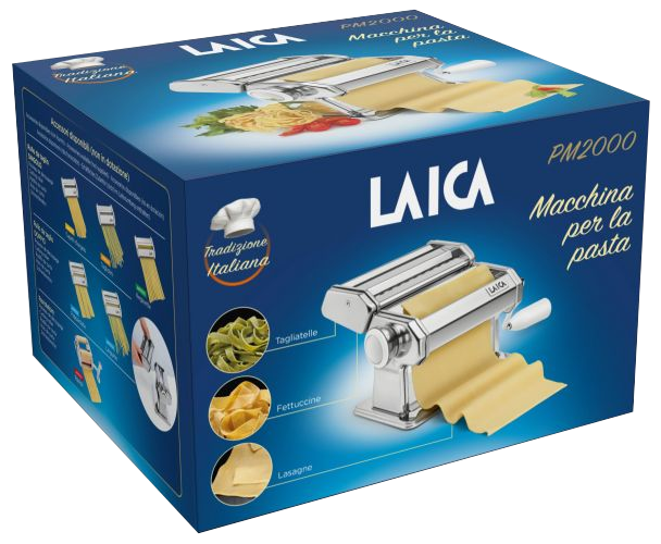 Egy kék-fehér LAICA tésztakészítő doboz, tésztagéppel és tészta illusztrációkkal.