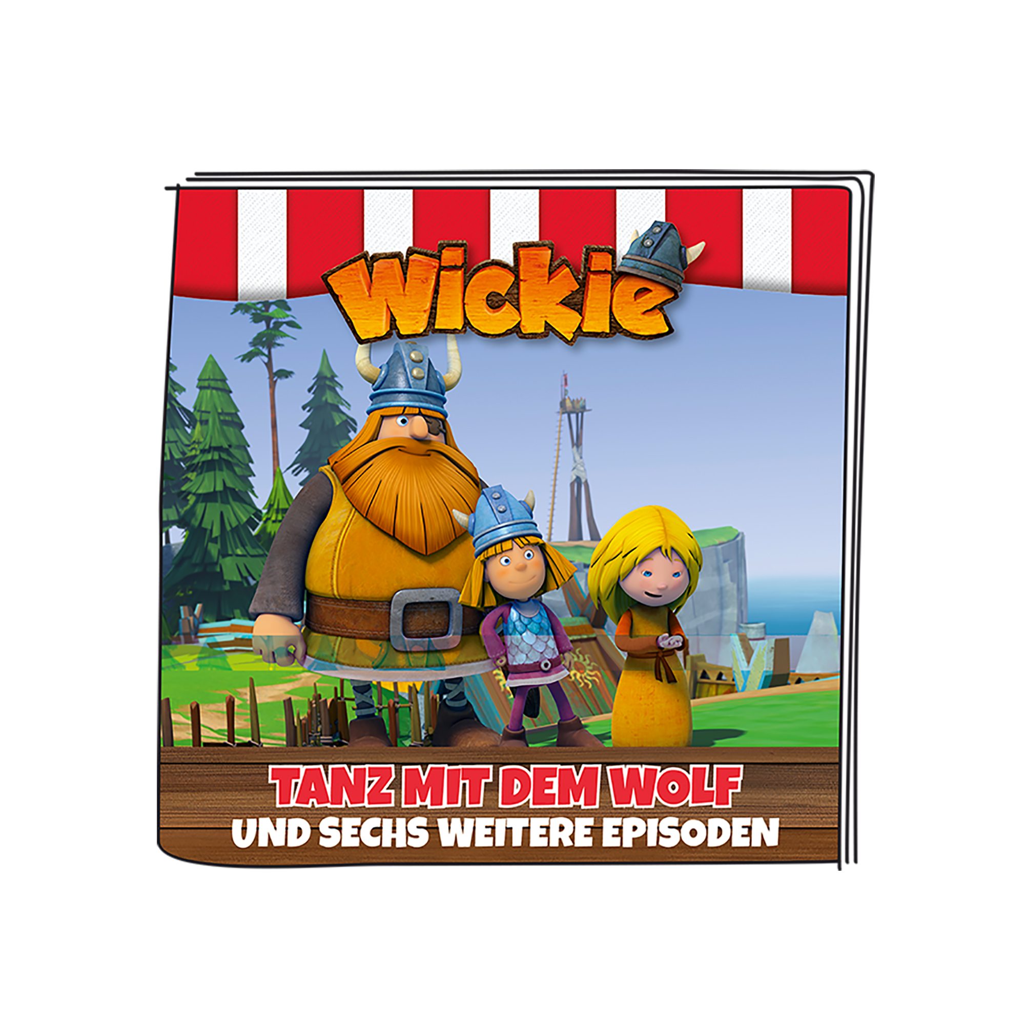 Ein Cartoonbild von Wickie und zwei anderen Charakteren. Text auf Deutsch ist auf dem Bild vorhanden.