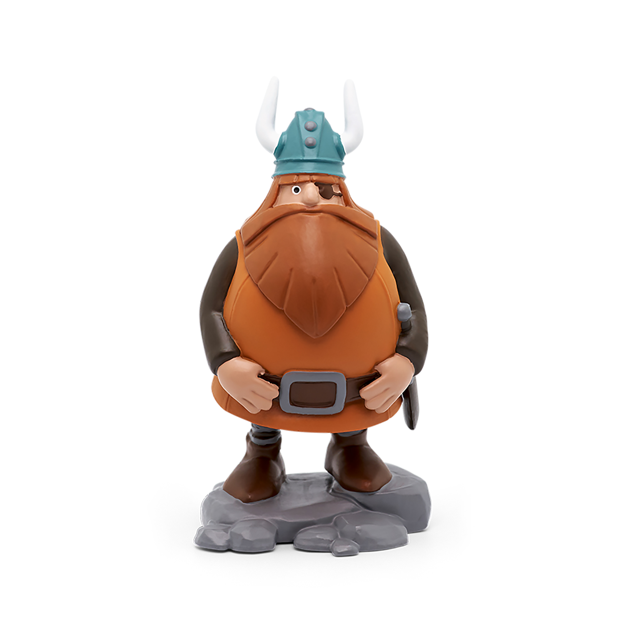 Eine Wikinger-Spielzeugfigur auf einem grauen Felsensockel, mit Helm und Schwert.