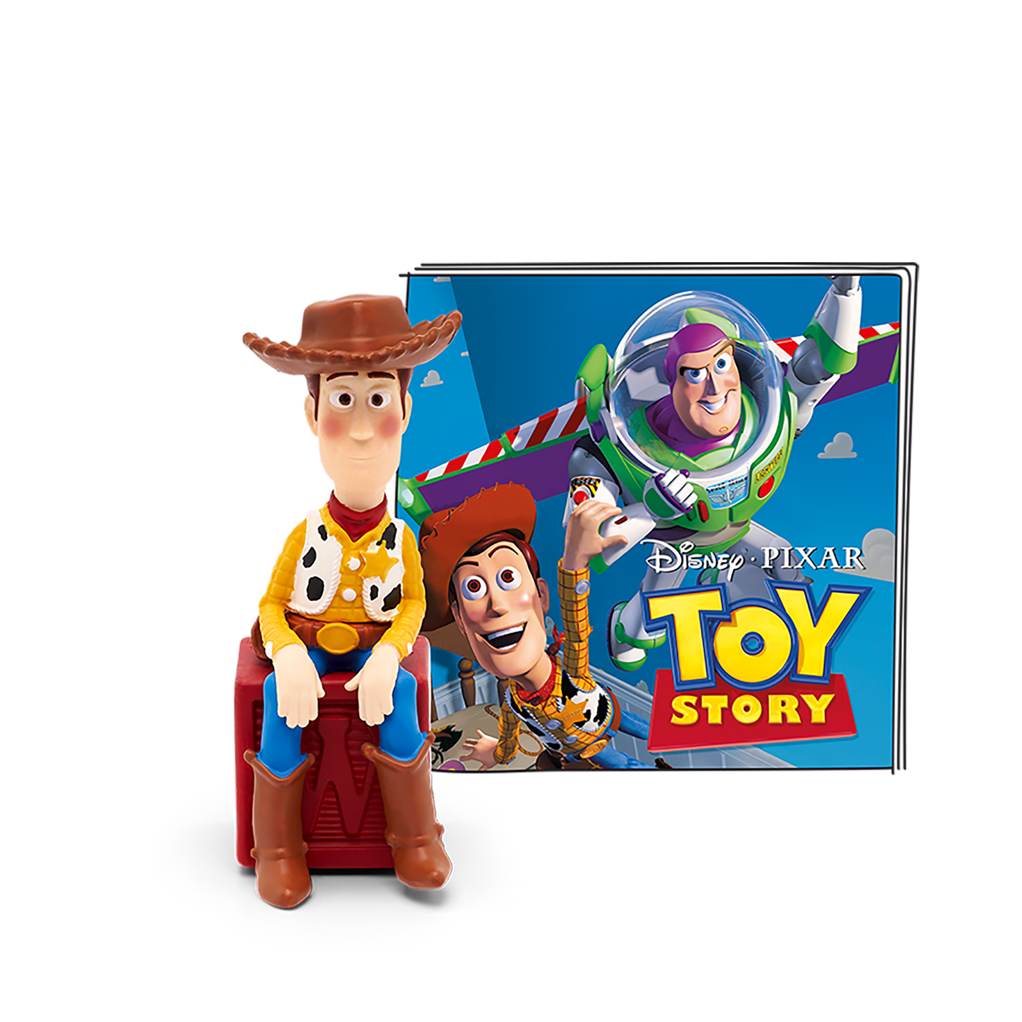 Toy Story Figuren von Woody und Buzz Lightyear. Filmplakat im Hintergrund.