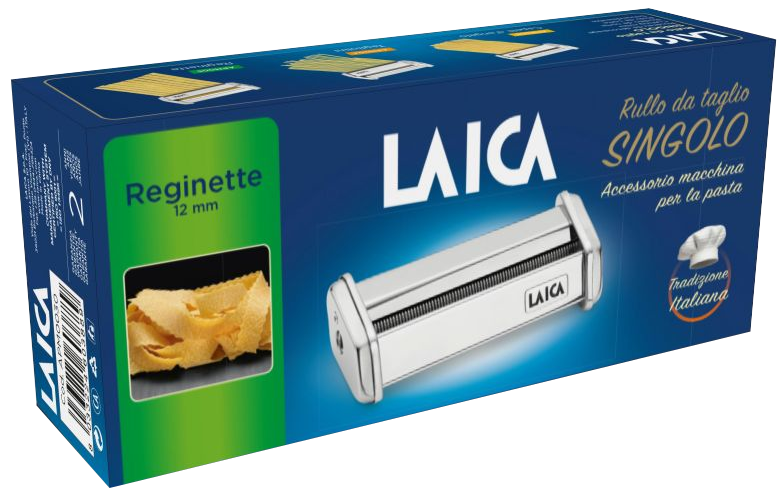 Laica tésztagépek doboza. A gépet és a tésztát mutatja. 'Reginette 12 mm' és 'Tradizione Italiana' felirattal.