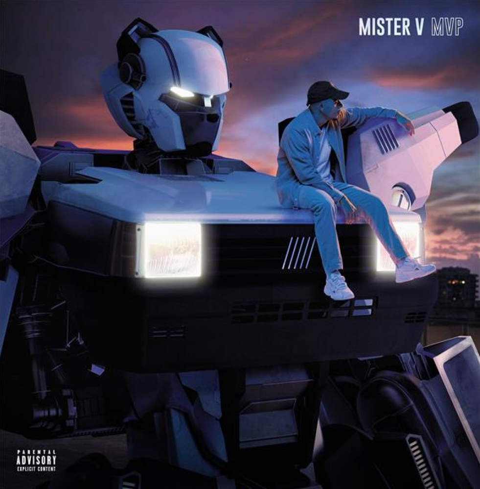 Pochette d'album : Un homme assis sur les épaules d'un robot. Le titre de l'album est 'MISTER V MVP'.