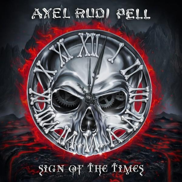 Albumcover: Totenkopf-Uhr mit Zahnrädern, roter Feuerhintergrund, Axel Rudi Pells 'Sign of the Times'.