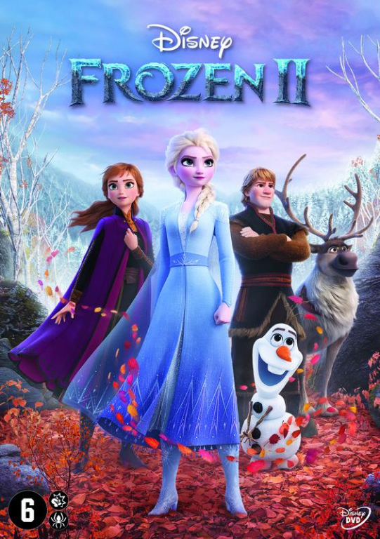 Couverture du DVD de La Reine des neiges 2. Elsa, Anna, Kristoff, Olaf et Sven. Fond de forêt.