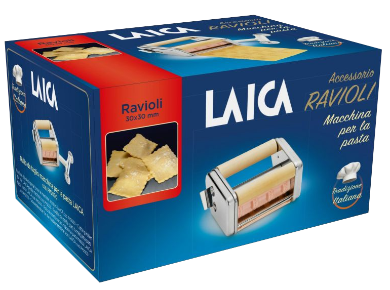 Egy doboz LAICA ravioli készítő kiegészítők, a termék és a ravioli képeivel.
