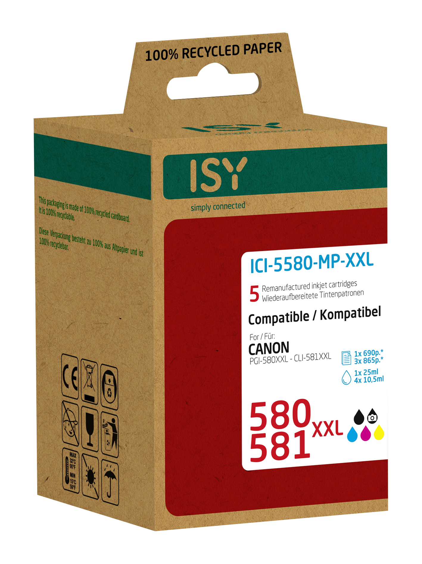 Tintenpatronen-Box: Marke ISY, Canon PGI-580XXL/CLI-581XXL kompatibel. Braune Box, rotes Detail, Tintenfarben.