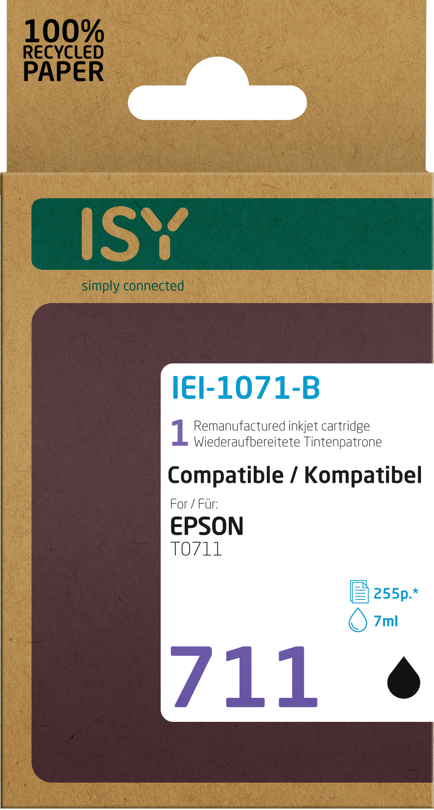 Eine Schachtel mit ISY-Tintenpatronen. Die Schachtel ist braun mit dem Text '100% recyceltes Papier'.