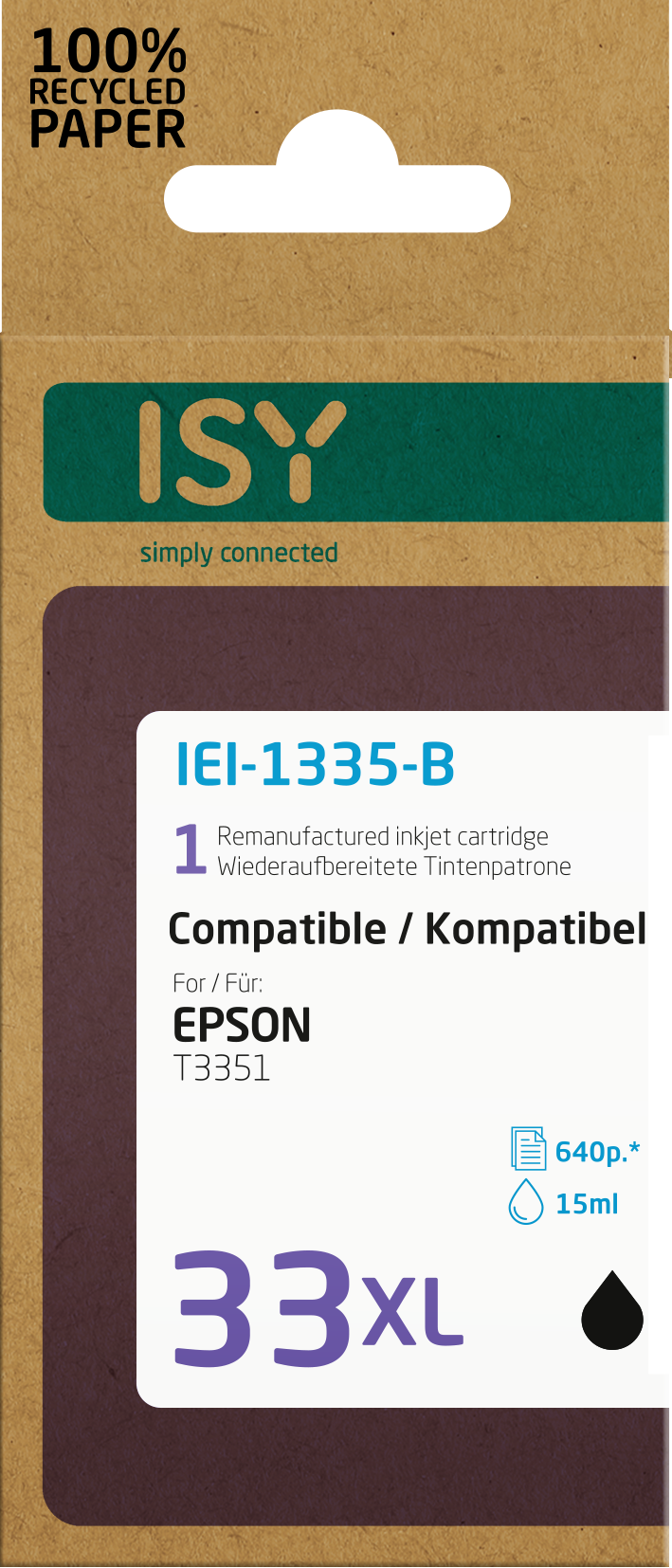 Tintenpatronenverpackung, braun mit weißem und schwarzem Text. Enthält die Epson 33 XL Patrone.