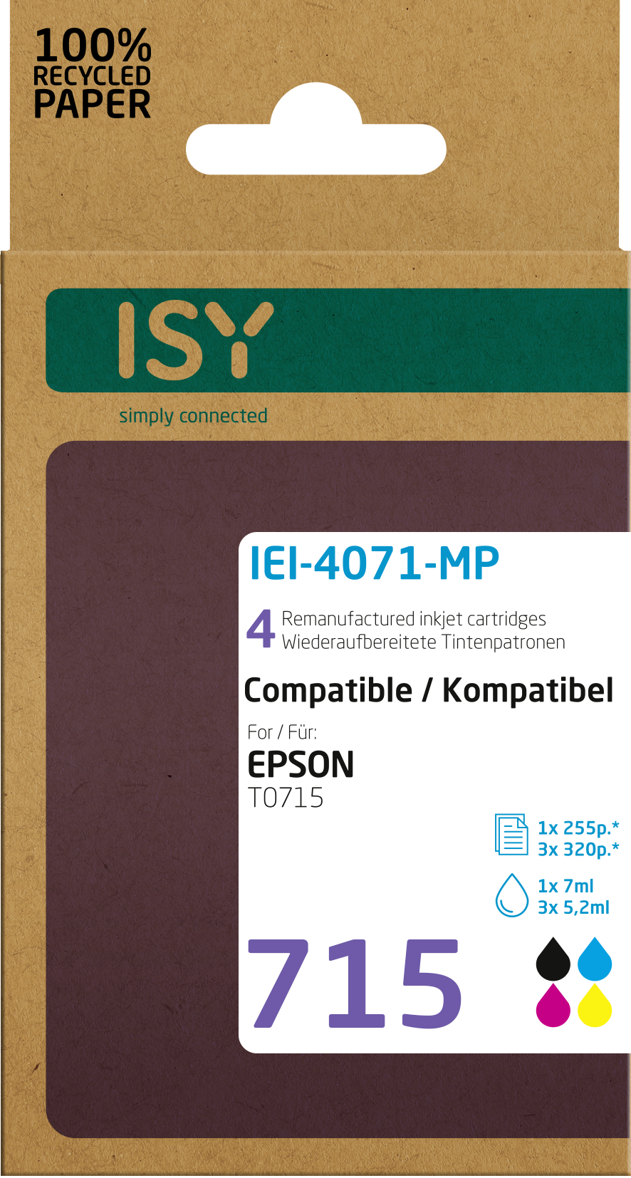 Tintenpatronenbox. Enthält 4 wiederaufbereitete Patronen, kompatibel mit Epson-Druckern.