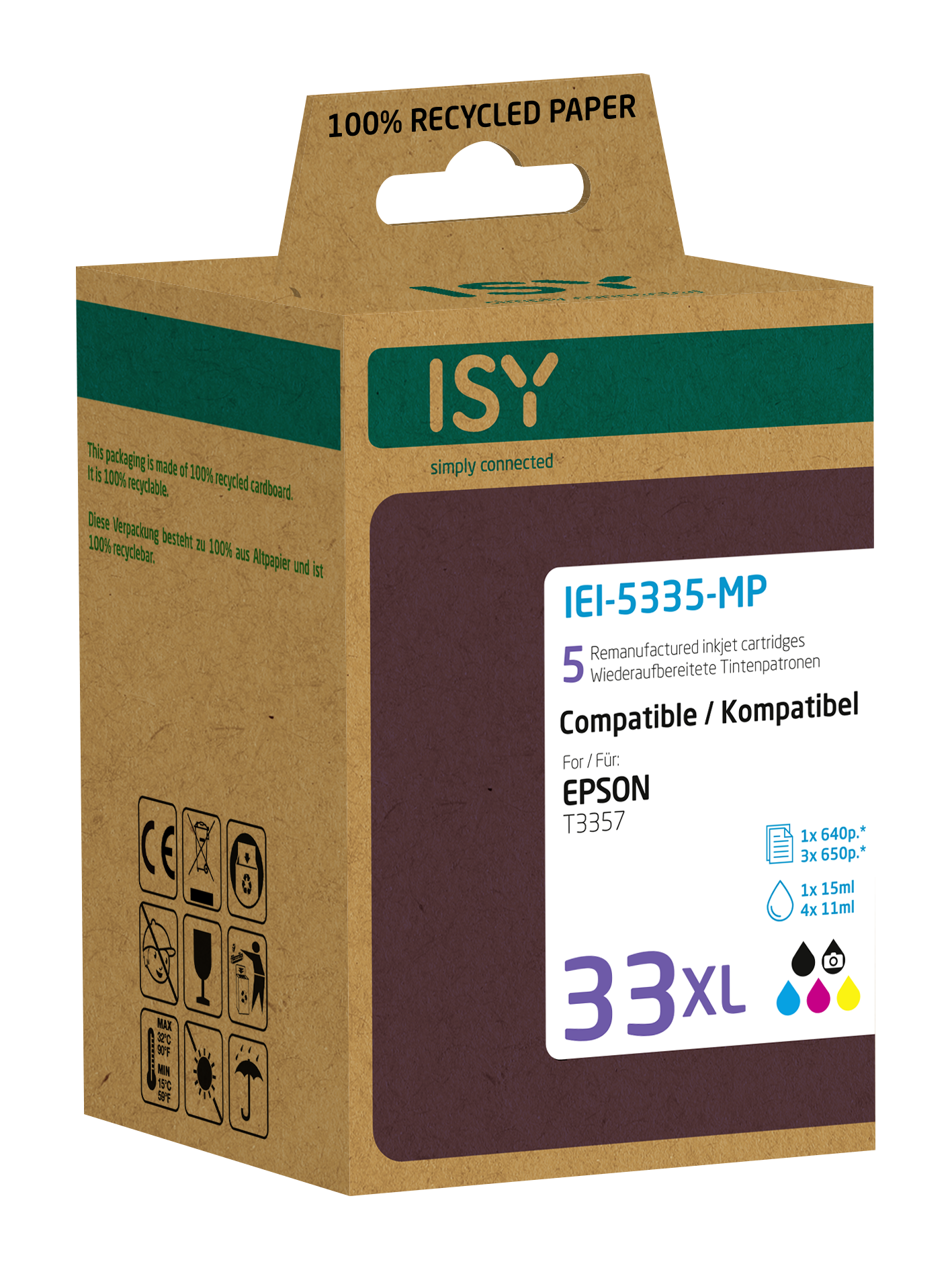Braune Box mit Tintenpatronen. Text zeigt 'Epson' und '33XL'. Die Box ist auf weißem Hintergrund.