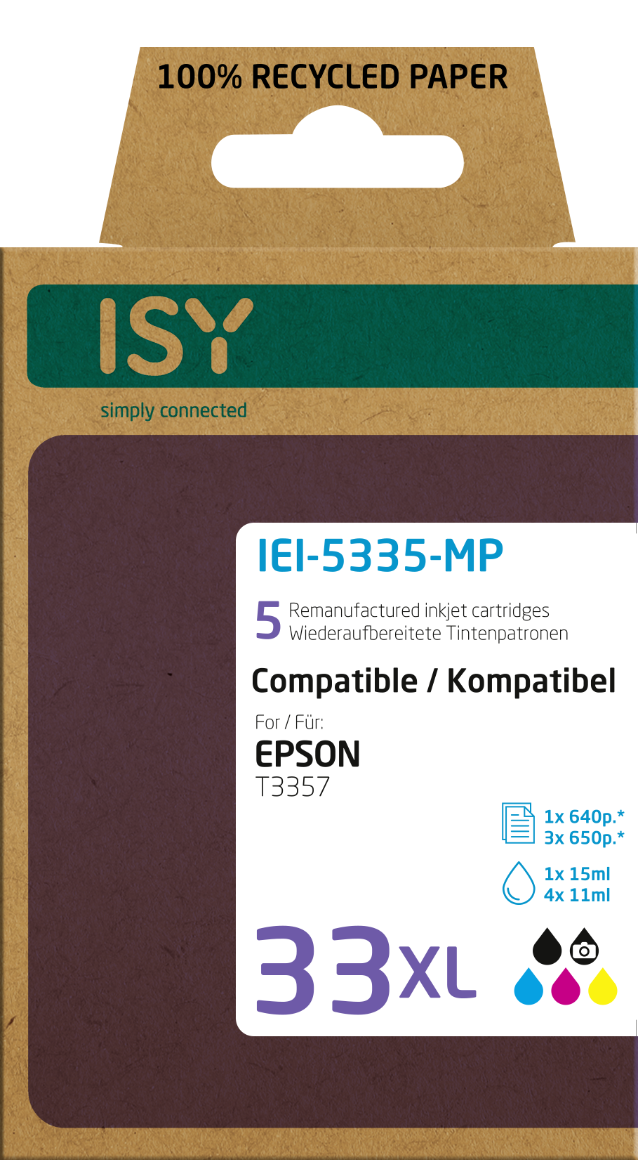 Eine Schachtel mit ISY-Tintenpatronen, oben steht '100% RECYCLED PAPER'.