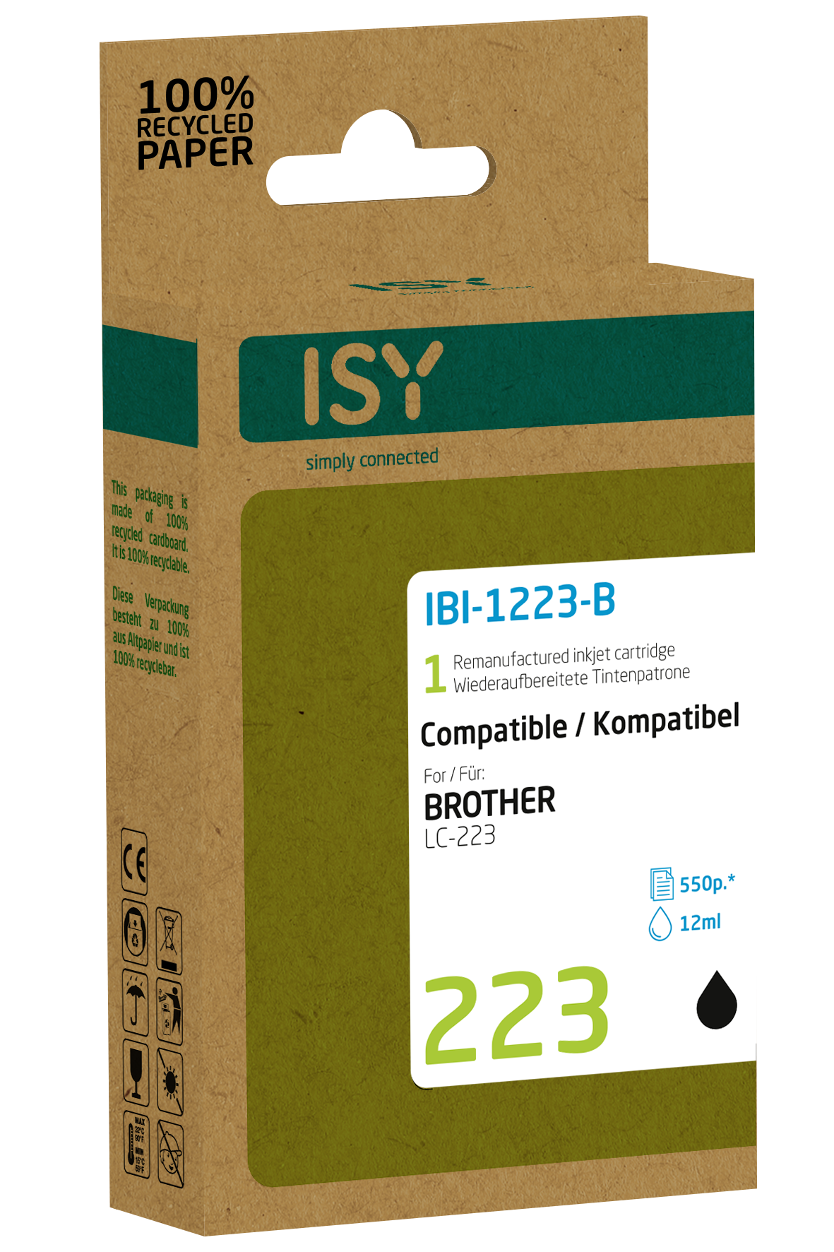 Eine ISY-Tintenpatronenbox mit der Bezeichnung IBI-1223-B, kompatibel mit Brother LC-223.