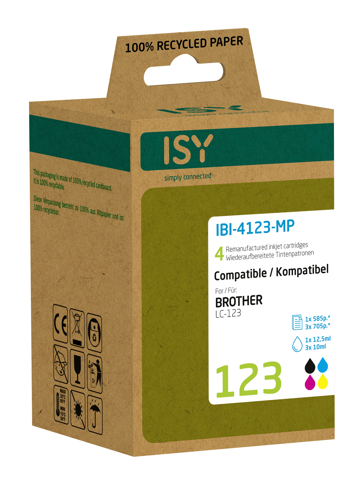Eine Schachtel ISY-Tintenpatronen, 100 % Recyclingpapier, für Brother LC-123.