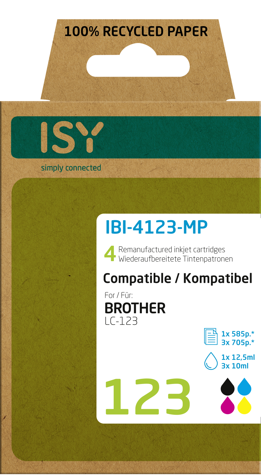 Eine Schachtel mit ISY Tintenpatronen für Brother LC-123 Drucker. Die Schachtel ist braun und grün.