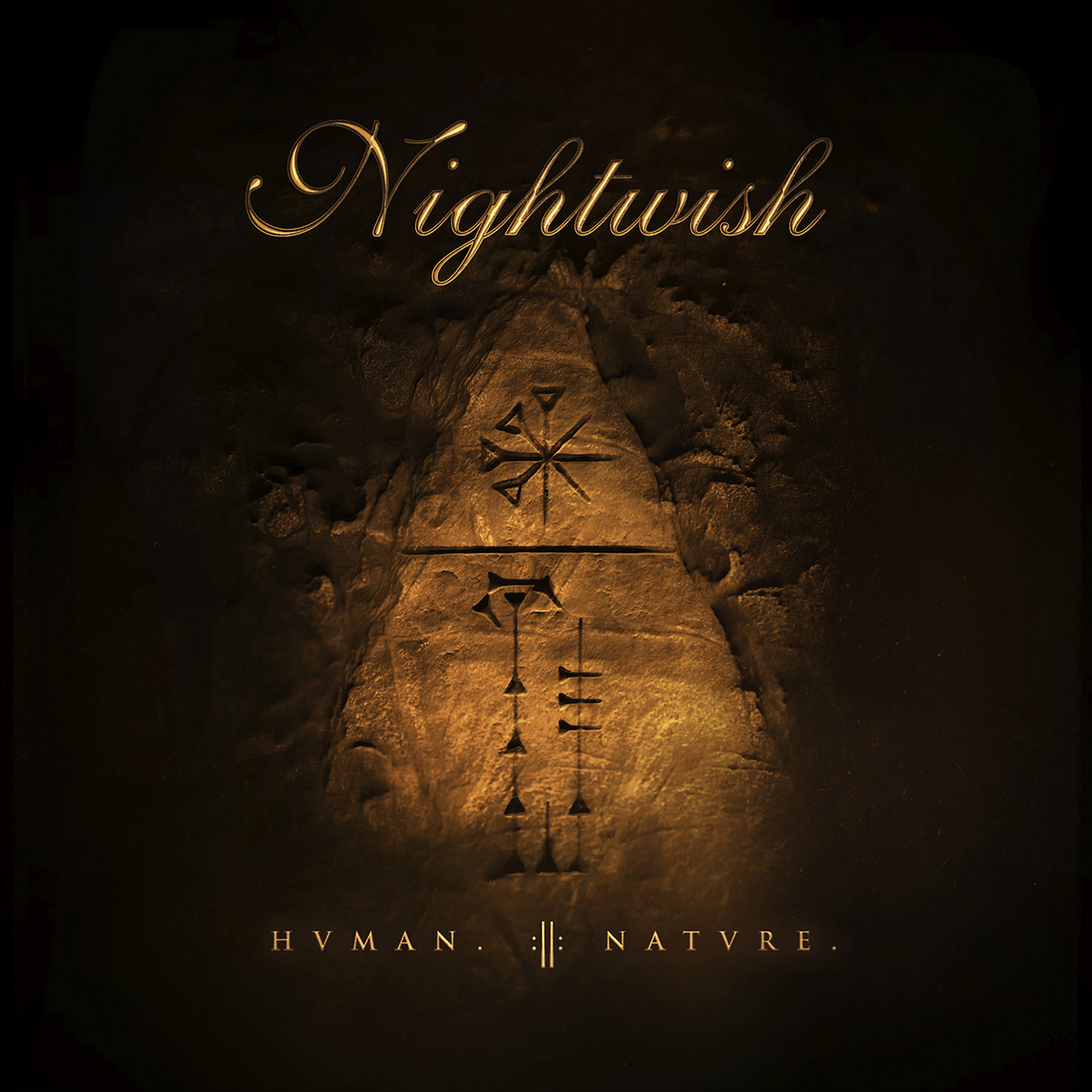 Nightwish-Albumcover. Ein Stein mit Symbolen, dunkler Hintergrund und der Name der Band oben.
