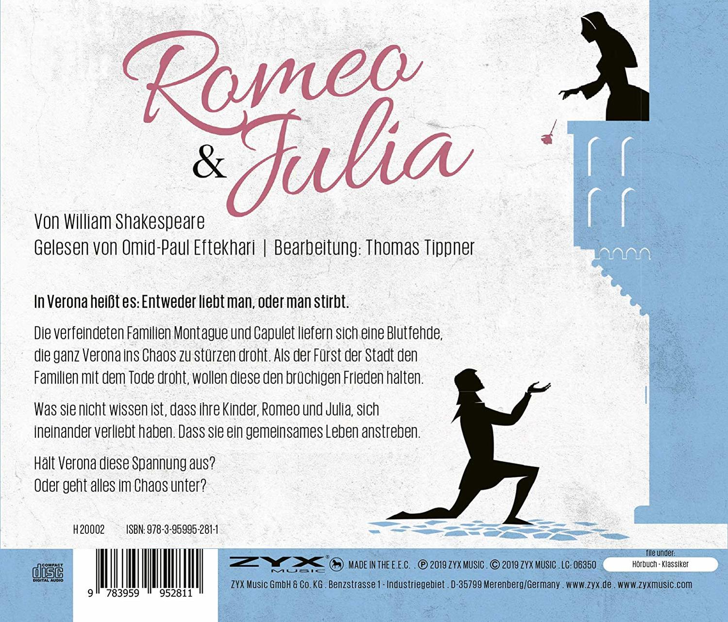 CD-Cover von "Romeo & Julia", mit Text und Illustrationen.