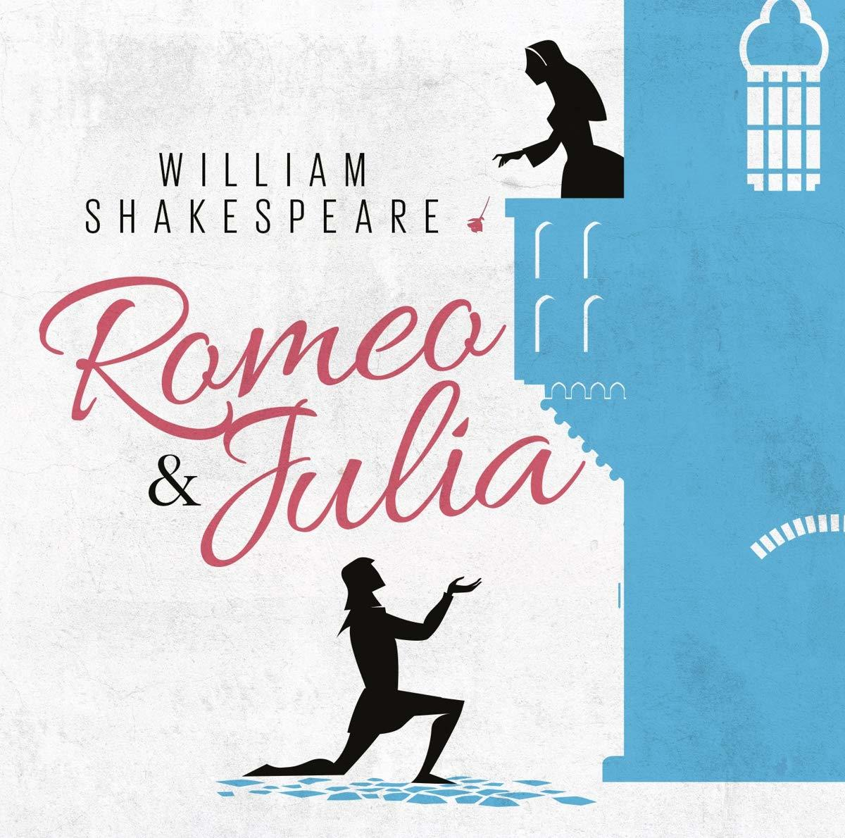 Buchcover von Romeo und Julia, mit Illustrationen von Figuren und Titel.