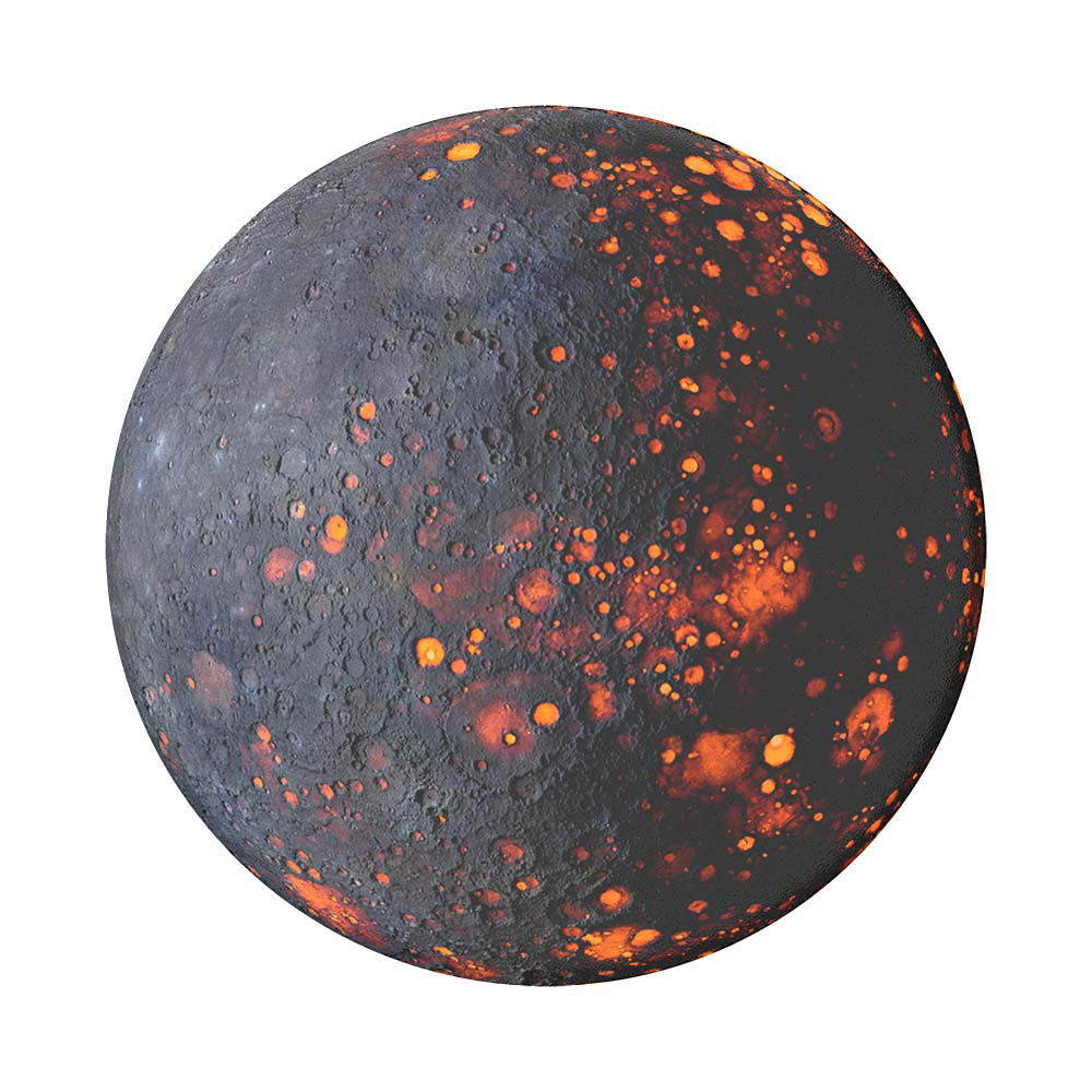 Ein Planet mit einer grauen Oberfläche, die mit Kratern mit orangefarbenen Flecken bedeckt ist.