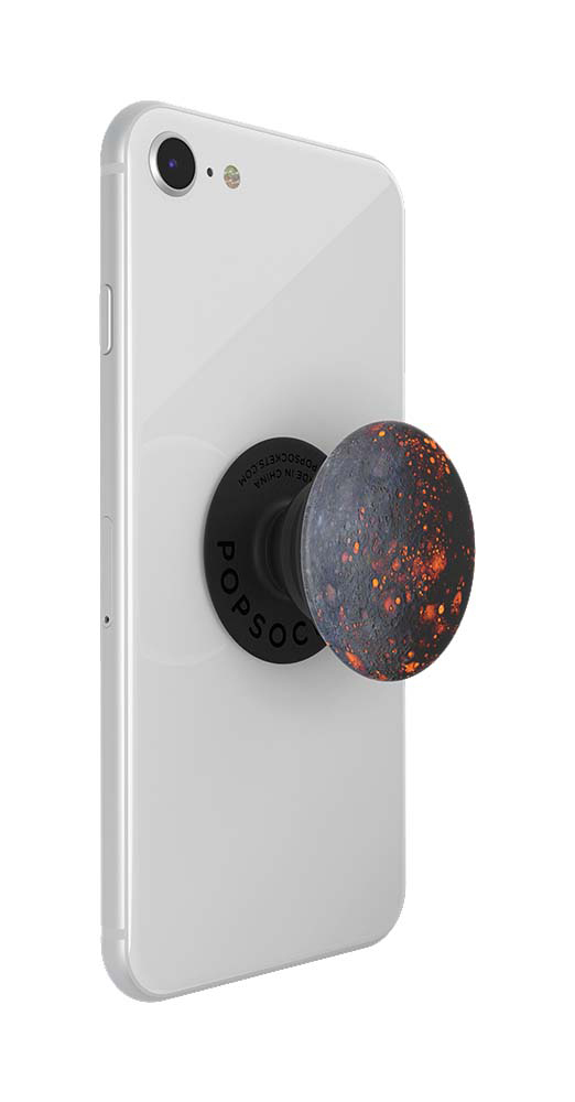 Ein weißes Telefon mit einem schwarzen Popsocket. Der Popsocket hat ein dunkelgraues und oranges Design.