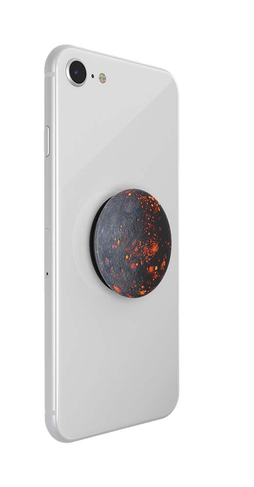 Weißes Smartphone mit einem schwarz-orangenen Pop-up-Griff mit Lava-Design.