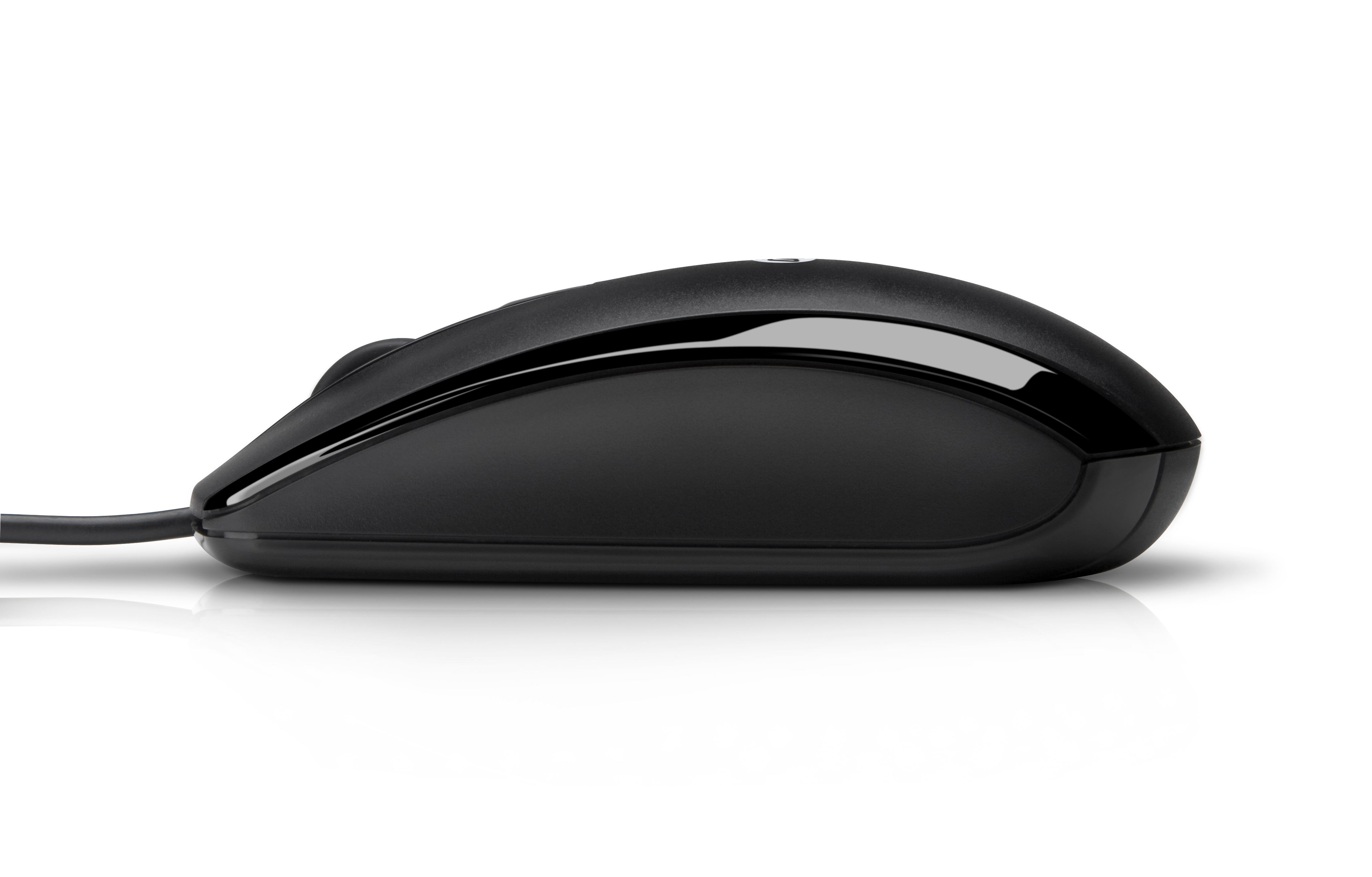 Black computer mouse on a white background. Side view of the mouse.
