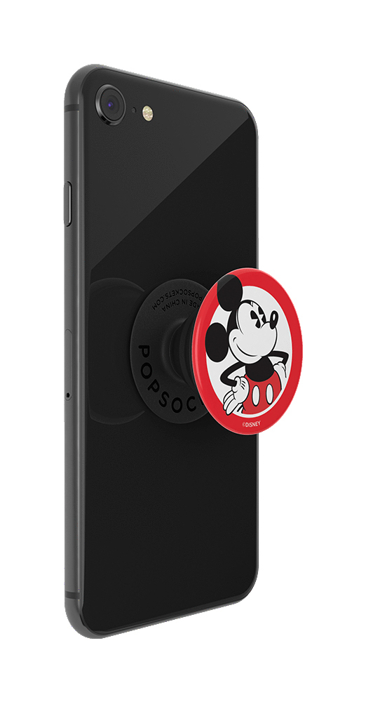 Ein schwarzes iPhone mit einem Mickey-Mouse-PopSocket. Das Telefon vor weißem Hintergrund.