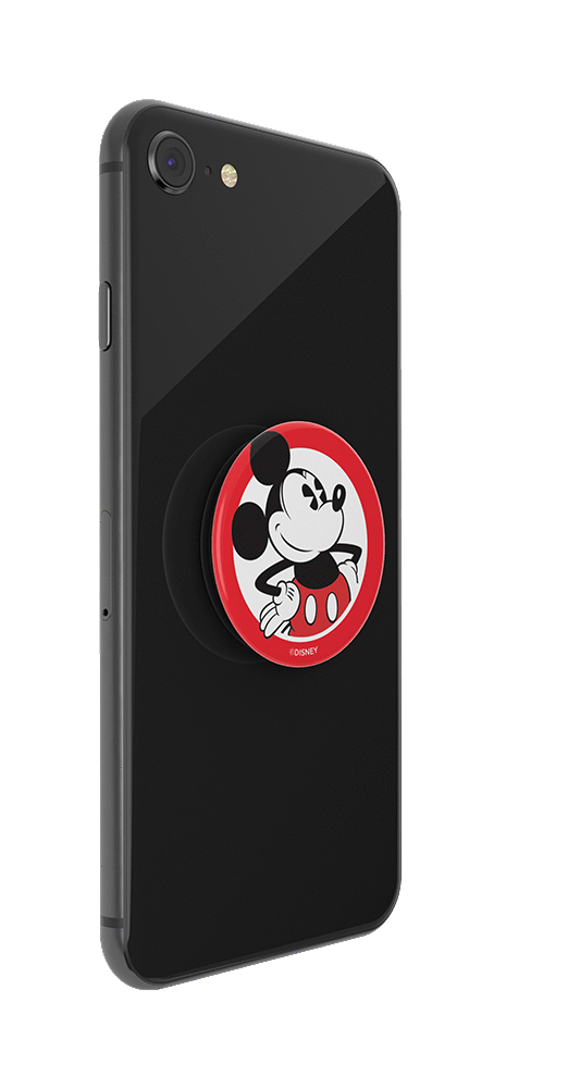 Schwarzes iPhone mit angebrachtem Mickey-Mouse-PopSocket. Rotes und weißes Design.