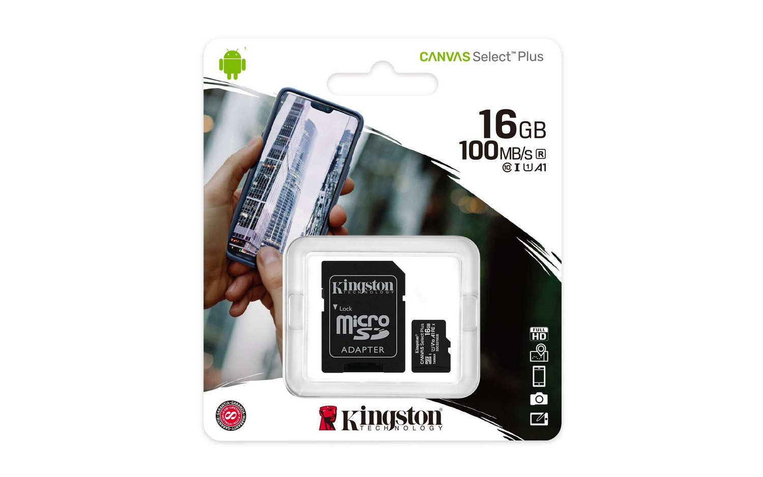 Tarjeta Micro SD - Kingston SDCS2/16GB, 16 GB, Velocidad hasta 100 MB/s, Clase 10, Adaptador SD, Negro