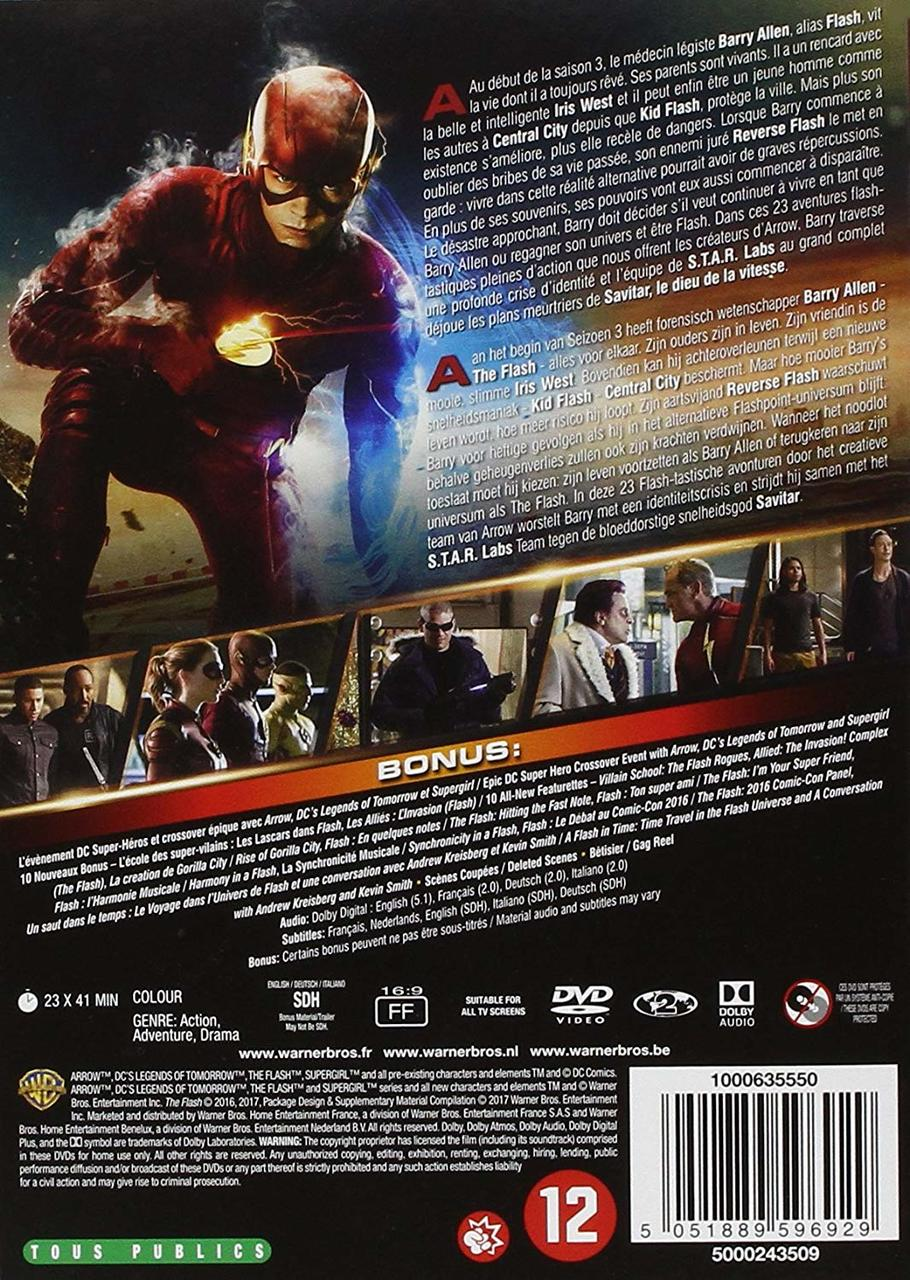 DVD-hoes voor The Flash seizoen 3. Toont Flash en andere personages.