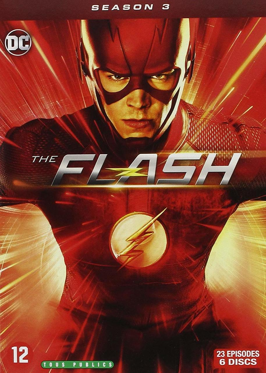 The Flash DVD-hoes met een man in een rood pak en een bliksem logo.