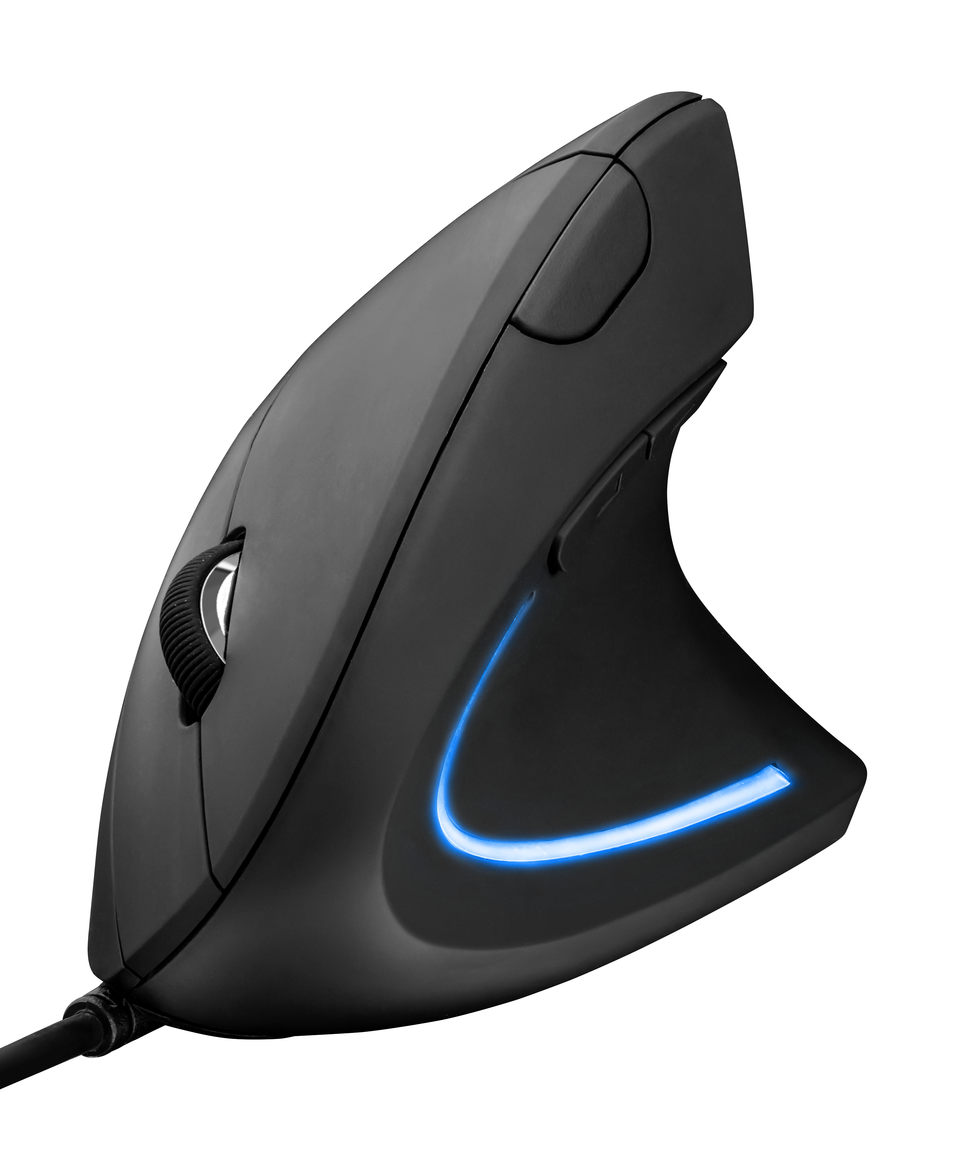A black vertical mouse with a blue light and scroll wheel. White background.