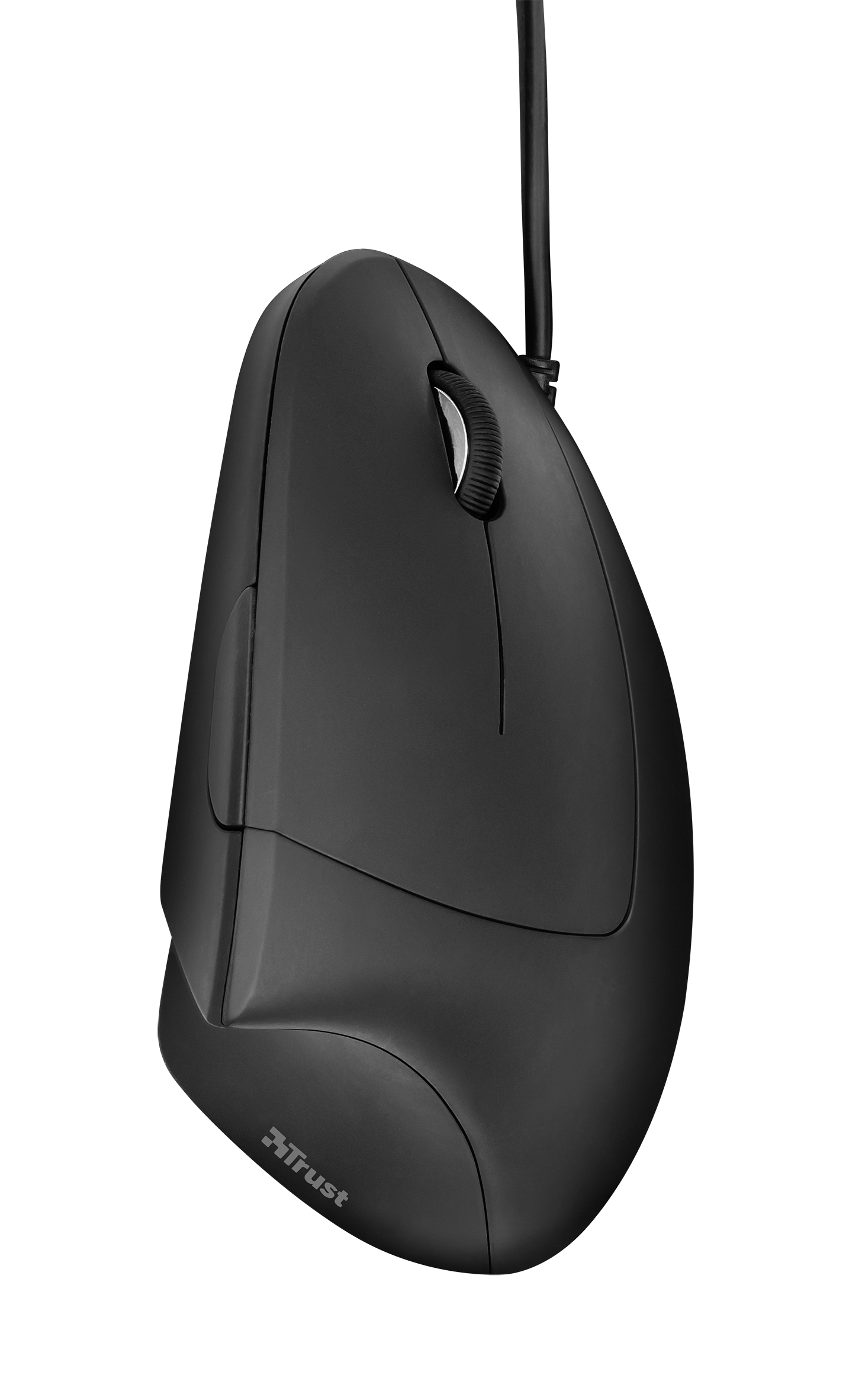 A black ergonomic computer mouse on a white background, with the Trust logo visible.