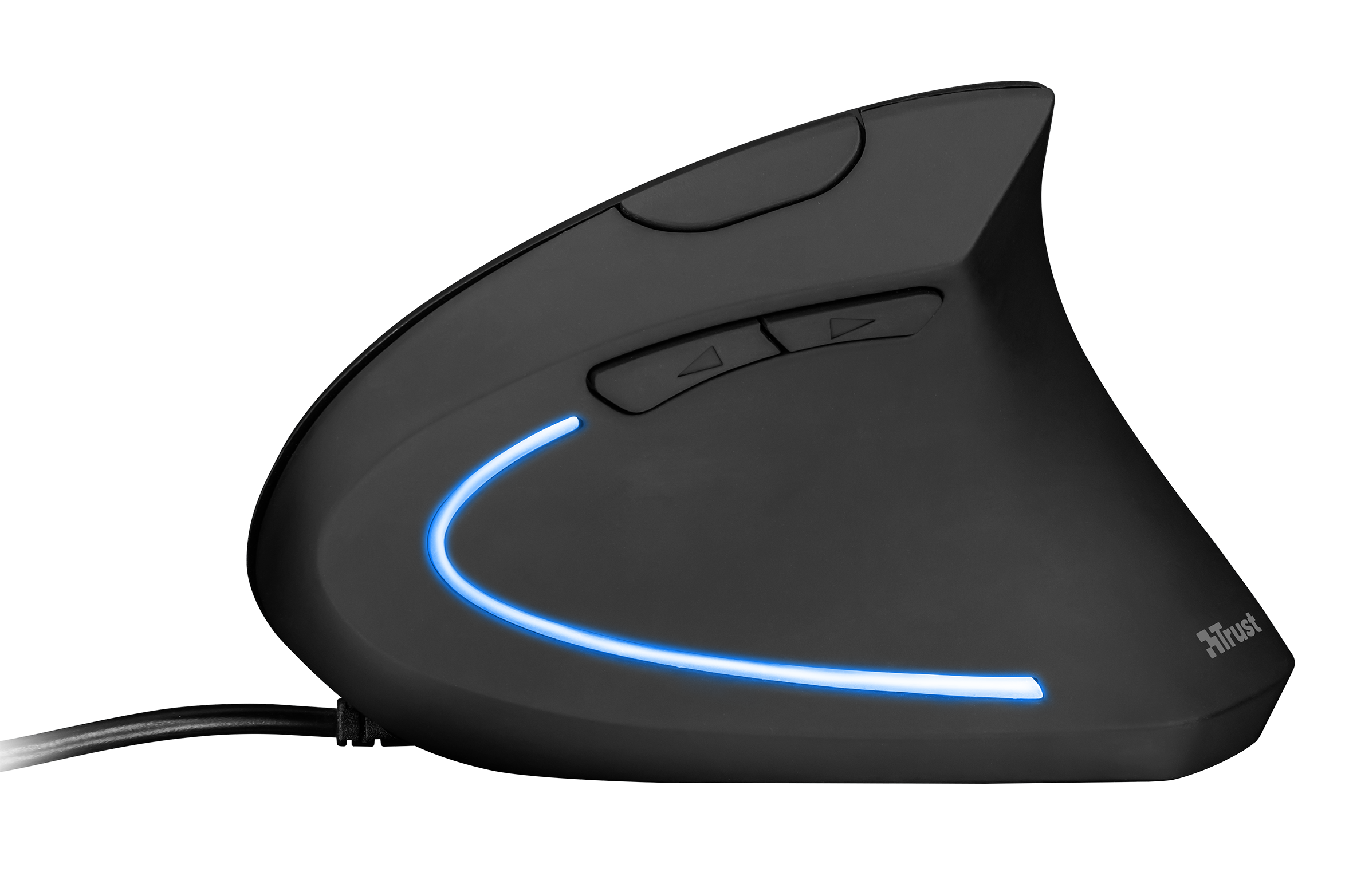 A black ergonomic mouse with blue light, side view on a black background.