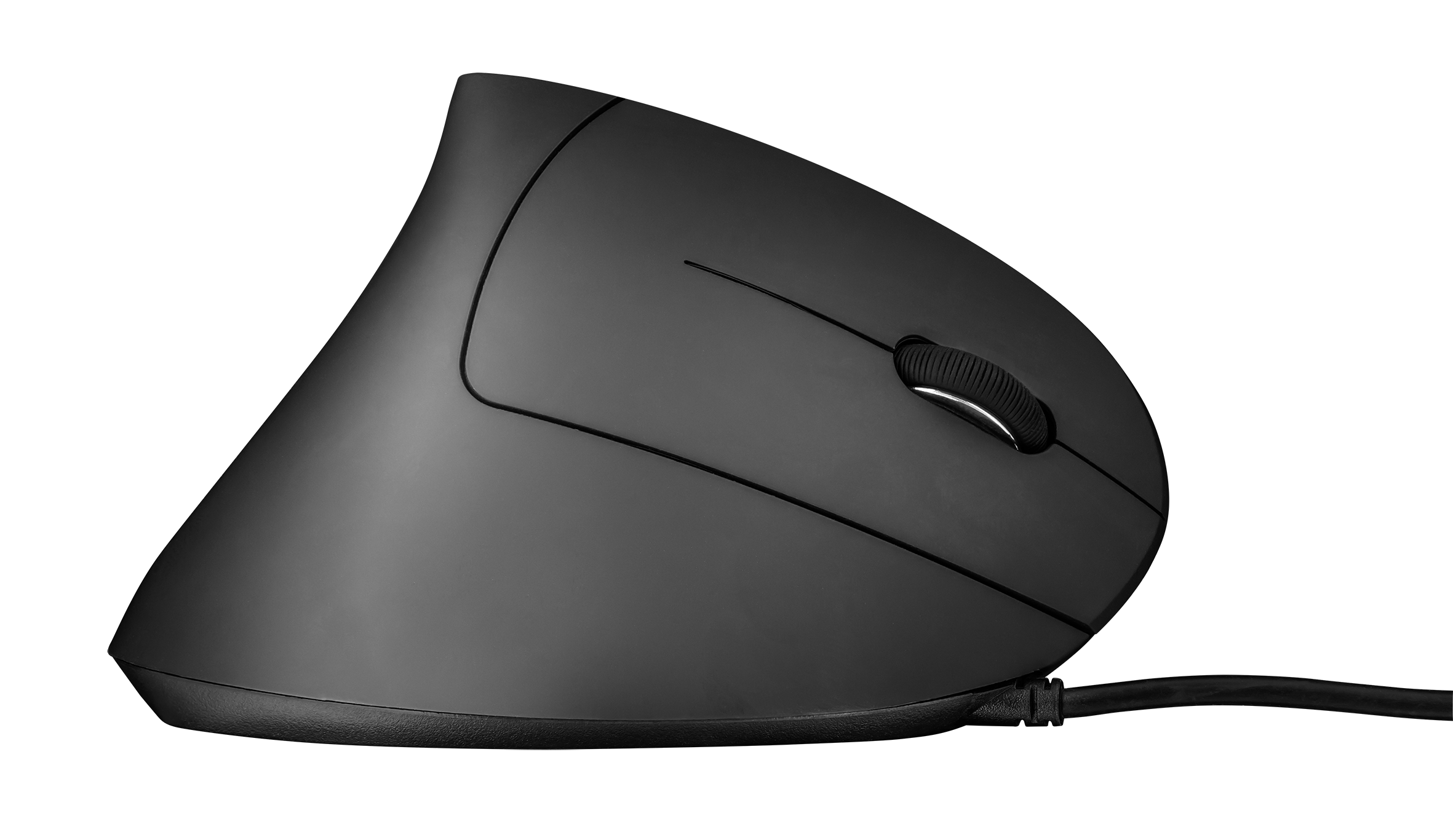 Black ergonomic mouse with a scroll wheel and a cable. White background.