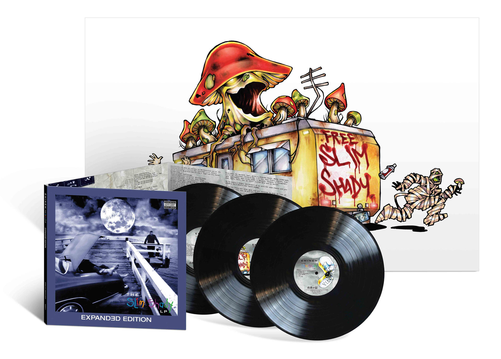 Album borító gomba tetejű furgon rajzával. Vinil lemezek elöl. Fehér háttér.