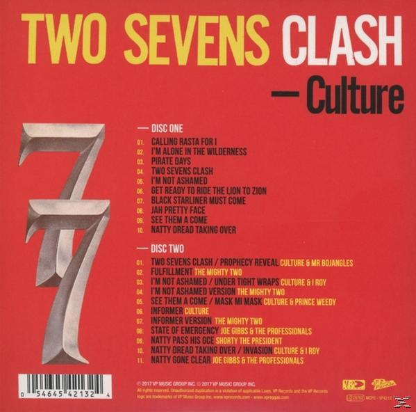 Cd-hoes voor het album 'Two Sevens Clash' van Culture, met tracklijsten en albumkunst.