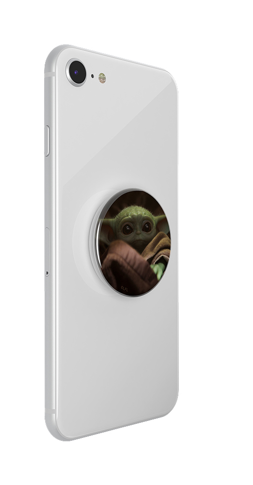 Weißes Telefon mit einem Pop-Socket von Baby Yoda auf der Rückseite.