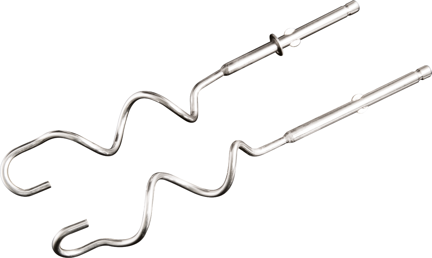 Two stainless steel dough hooks for a mixer, set against a black background.