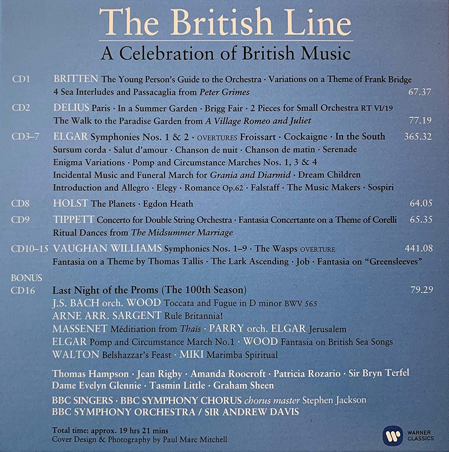 Ein CD-Cover mit der Titelliste von 'The British Line: A Celebration of British Music'.