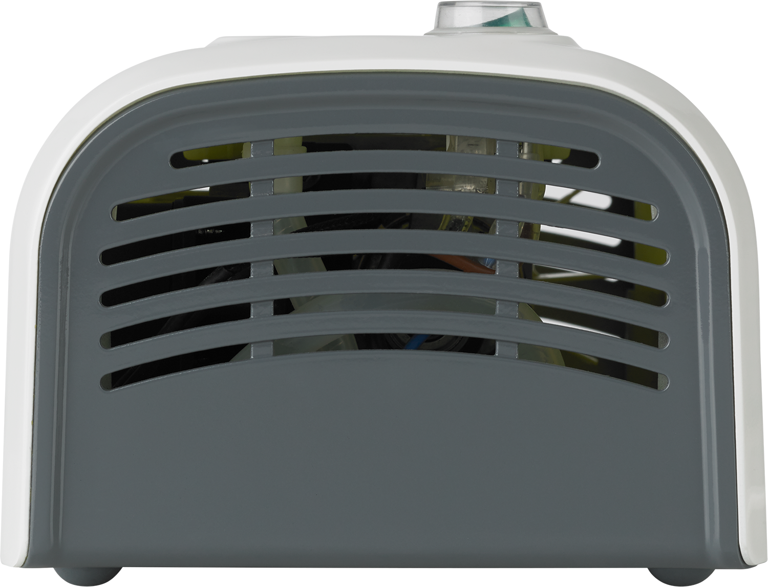 Close-up of a white and grey nebulizer machine. Air vents are visible.