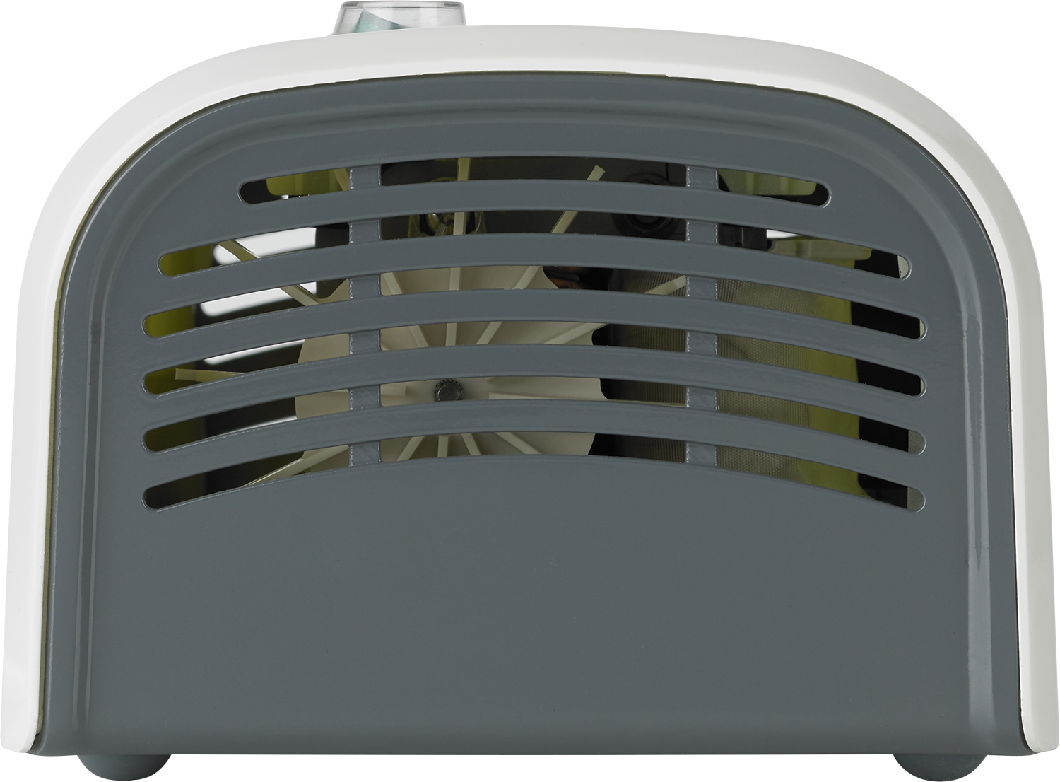 White and gray air purifier. The front has a gray grill and the back has a fan. 