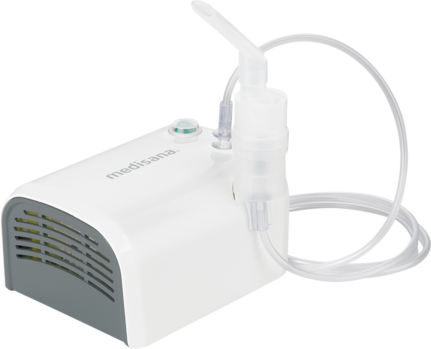 White and grey medical nebulizer with a tube and mouthpiece.