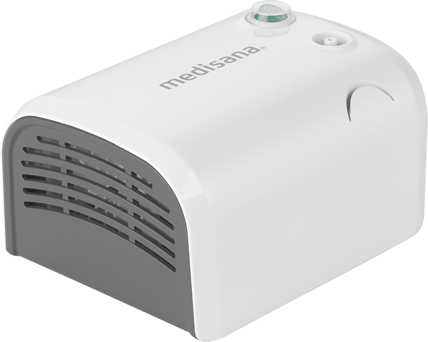 White medisana nebulizer with a gray vent and a green power button.